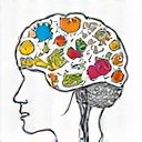 Ilustración de un cerebro con iconos de alimentos saludables, representando educación nutricional.