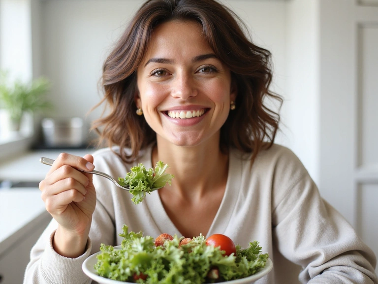 Mujer sonriente disfrutando de una ensalada fresca y saludable
