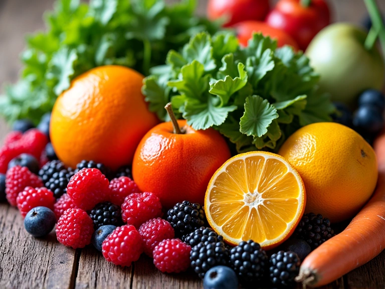 Variedad de frutas y verduras frescas y coloridas sobre una mesa de madera