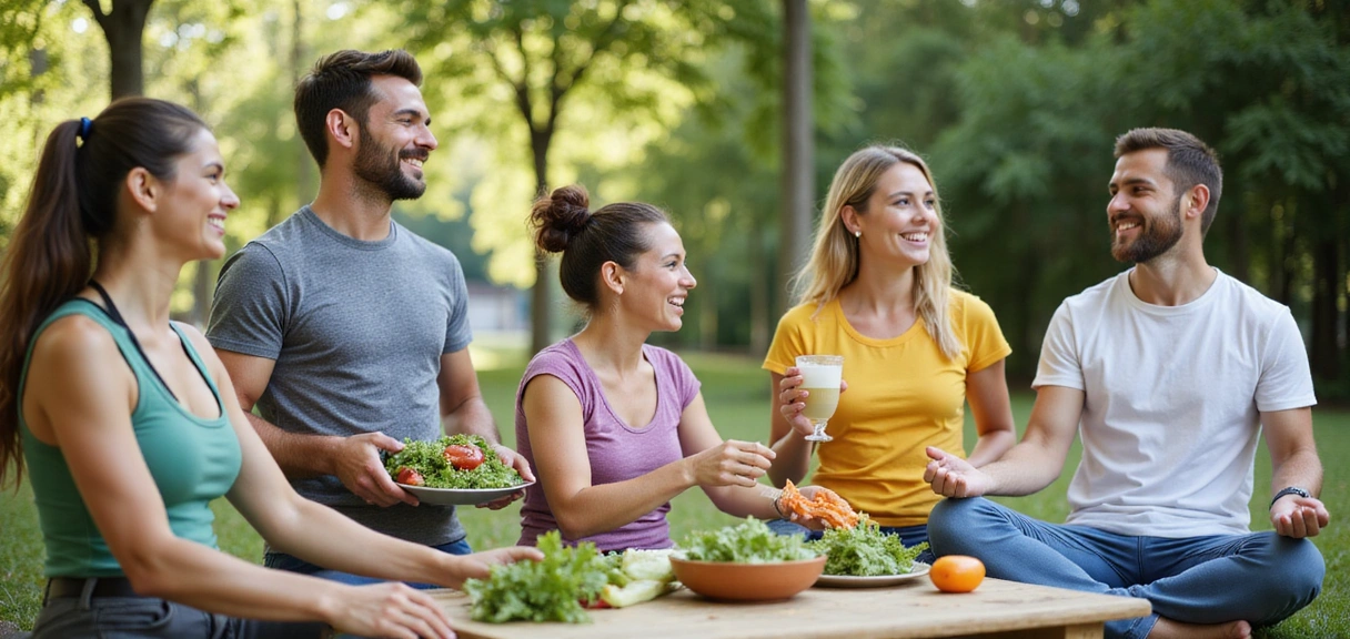 Personas sonriendo y cuidando su salud con alimentos frescos y actividad física.