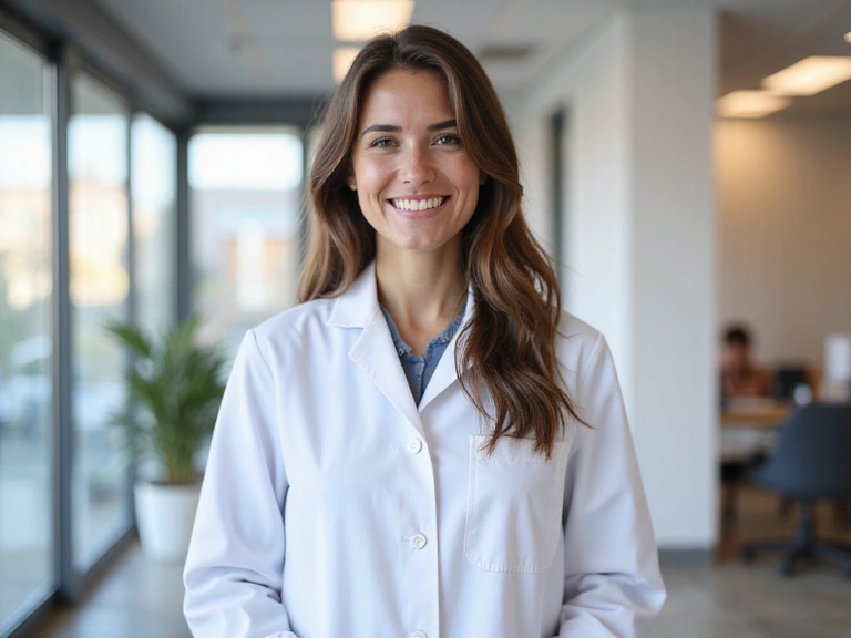 Nutricionista profesional sonriendo en un entorno moderno y limpio.