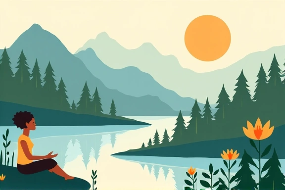 Representación de bienestar con elementos de naturaleza y tranquilidad.