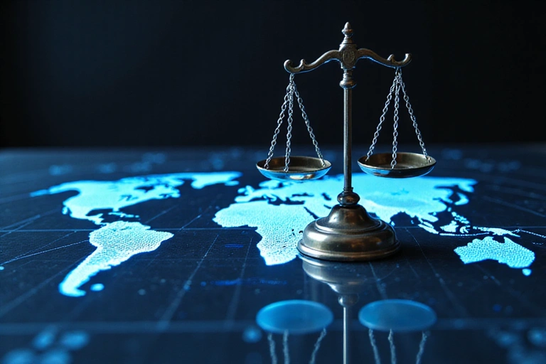 Balanza de la justicia sobre un mapa mundial digital