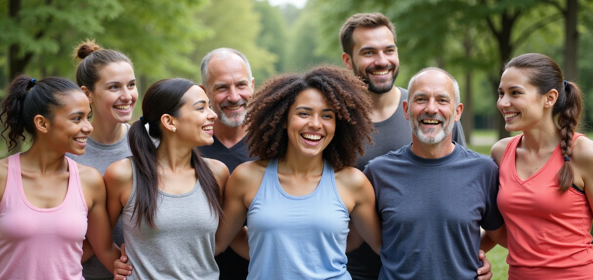 Grupo de personas felices y saludables riendo juntas en un parque